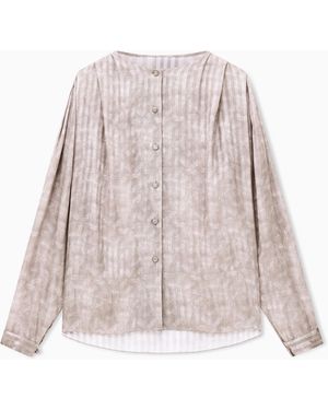 Giorgio Armani Blouse Collarless Printed Silk Shoulder Pleats Wide Stripes - Pink