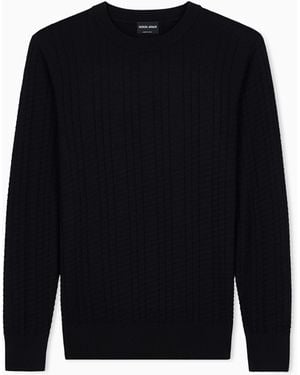 Giorgio Armani Pull À Col Rond En Laine Vierge Avec Motif En Relief - Bleu
