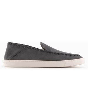 Giorgio Armani Suede Slip On With Threading And Rubber Sole - White