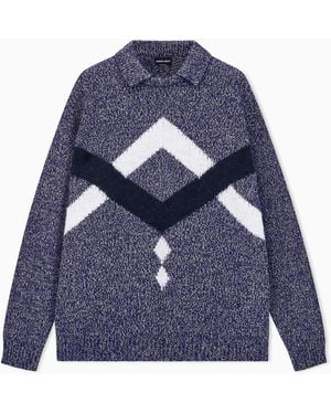 Giorgio Armani Pull À Col Classique En Alpaga Et Laine Vierge Avec Intarsia - Bleu