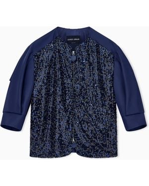 Giorgio Armani Chaqueta Corta De Shantung De Seda Con Lentejuelas - Azul