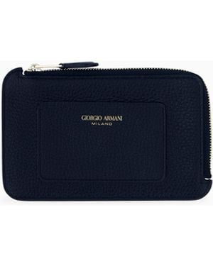 Giorgio Armani Half Zip-Around Granulated Leather Wallet With Logo Pocket - Blue