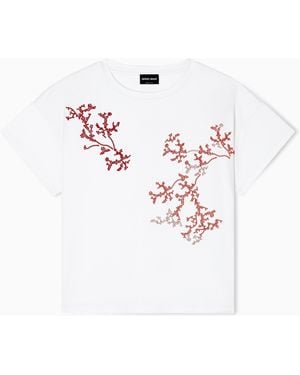 Giorgio Armani Silk And Cotton Interlock T-Shirt With Coral Embroidery - White