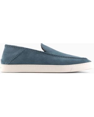 Giorgio Armani Suede Slip On With Threading And Rubber Sole - Blue