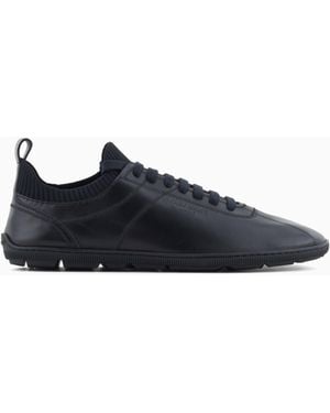 Giorgio Armani Leather Trainer With Knit Detail And Foldable Upper - Blue