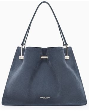 Giorgio Armani Suede Bag With A Metal Bar And Leather Handles - Blue