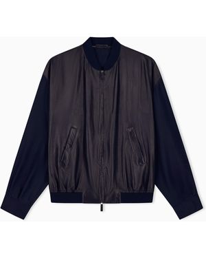 Giorgio Armani Blouson Jacket Oversized Fit Leather With Silk Lining - Blue