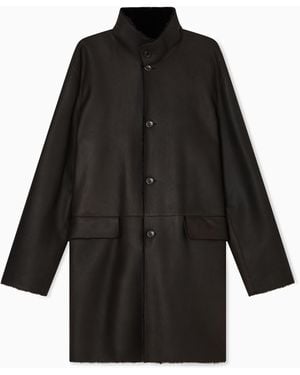 Giorgio Armani Lambskin Shearling Single-Breasted Pea Coat - Black