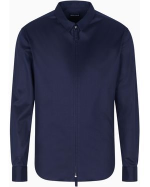 Giorgio Armani Slim Fit Interlock Cotton Shirt With Full Zip Closure - Blue
