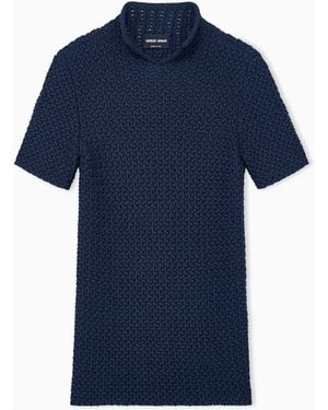 Giorgio Armani Slim Fit Short Sleeve Viscose Jumper With Honeycomb Effect - Blue