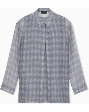 Giorgio Armani Shirt Twin-Set Regular Fit Silk Chiffon Diamond Pattern - Blue