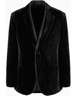 Giorgio Armani Single-Breasted Velvet Jacket With Chevron Motif - Black