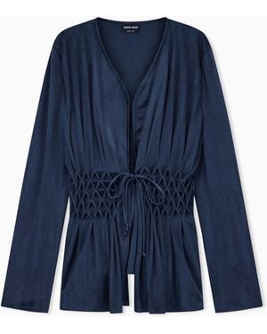 Giorgio Armani Blazer Regular Fit Jacquard Viscose Jersey Smocked Waist - Blue