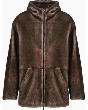 Giorgio Armani Shearling Lambskin Hooded Pea Coat - Brown