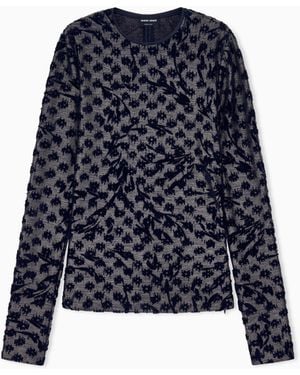 Giorgio Armani Jumper Slim Fit Crew Neck Jersey With 3D Flower Motif - Blue