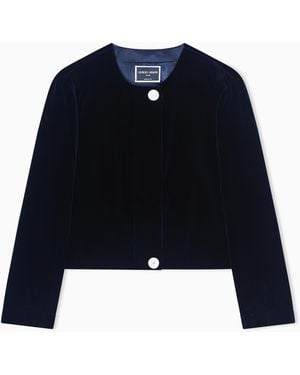 Giorgio Armani Short Velvet Jacket With A Crew Neck And Buttons Icon - Blue