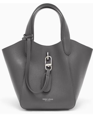 Giorgio Armani Leather Handbag With A Geometric Base And A Snap-Hook Clasp - Grey
