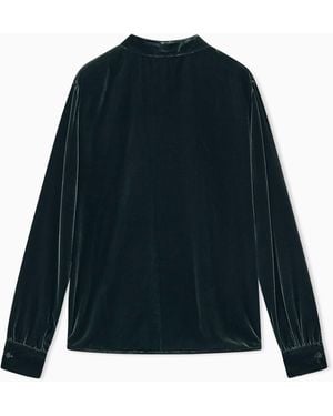 Giorgio Armani Shirt Regular Fit Velvet With Stand-Up Collar And Ribbons - Blue