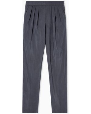 Giorgio Armani Washed Technical Silk Trousers With Pleats - Blue