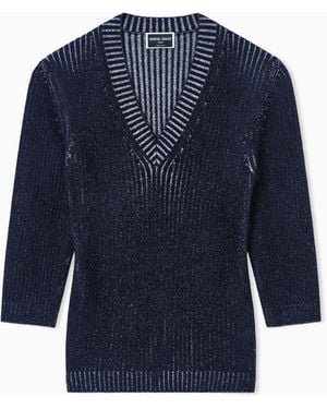Giorgio Armani Pull À Encolure En V En Laine Vierge Et Viscose - Bleu
