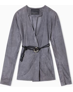 Giorgio Armani Suede-Lambskin Shirt Jacket With Chevron Print - Grey