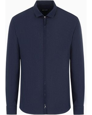 Giorgio Armani Zipped, Cotton-Seersucker Shirt - Blue