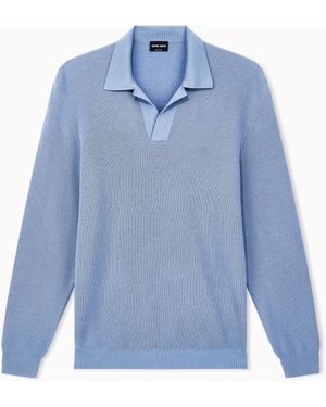 Giorgio Armani Knit Polo Regular Fit Honeycomb Stitch Virgin Wool - Blue