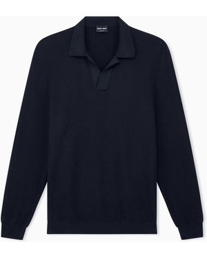 Giorgio Armani Knit Polo Regular Fit Honeycomb Stitch Virgin Wool - Blue