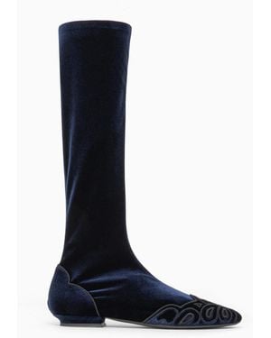 Giorgio Armani Tall Velvet Boots With Embroidered Toe Detail - Blue