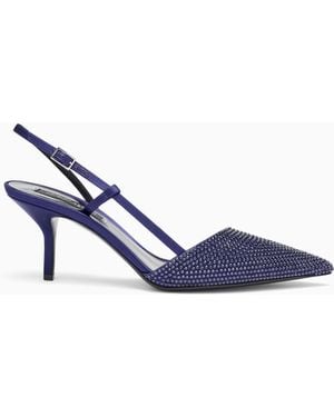 Giorgio Armani Pointed Satin Slingback Court Shoes With Rhinestones - Blue