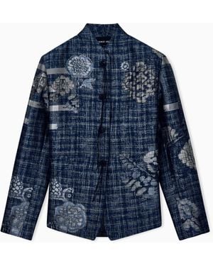 Giorgio Armani Floral Jacquard Blazer With A Guru Collar And Tassel Button - Blue