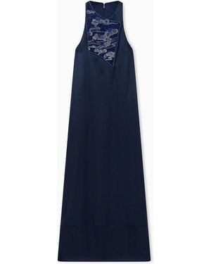Giorgio Armani Embroidered Dress Sleeveless Silk Gown With Sequined Panel - Blue