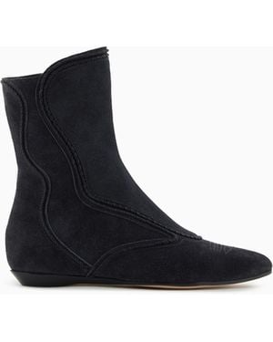 Giorgio Armani Embroidered Suede Ankle Boots - Blue