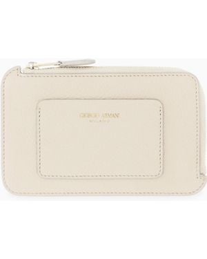 Giorgio Armani Half Zip-Around Granulated Leather Wallet With Logo Pocket - White