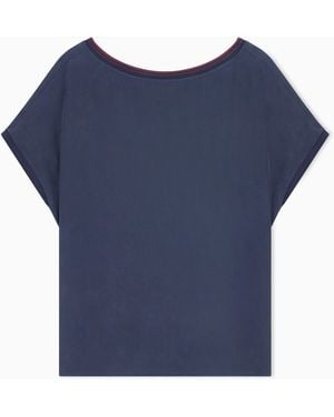 Giorgio Armani Blouse Regular Fit Heavy Washed Silk Ribbed Crew Neck - Blue