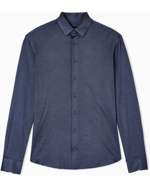 Giorgio Armani Slim-Fit Micro-Jacquard Silk And Cotton Jersey Shirt - Blue