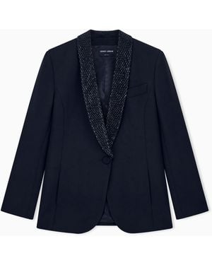 Giorgio Armani Embroidered Jacket Silk Cady Tuxedo With Rhinestone Lapel - Blue