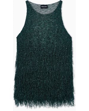 Giorgio Armani Lurex Jersey Top With Fringes - Green