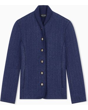 Giorgio Armani Blazer Jackets Slim Herringbone Cashmere Knit Stand Collar - Blue