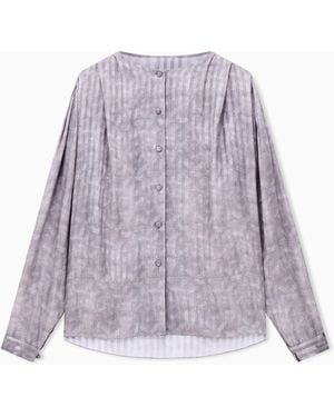 Giorgio Armani Blouse Collarless Printed Silk Shoulder Pleats Wide Stripes - Purple