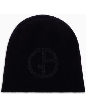 Giorgio Armani Cashmere Beanie With Ga Logo Intarsia - Black