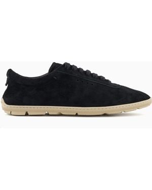 Giorgio Armani Low-Top Suede Lace-Up Trainers With Rubber Sole - Black