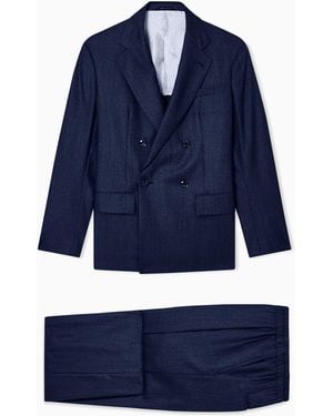 Giorgio Armani Double-Breasted Denim-Effect Wool Suit - Blue