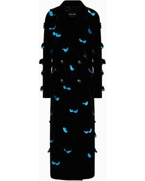 Giorgio Armani Long, Velvet Single-Breasted Coat With Applied Flowers - Black