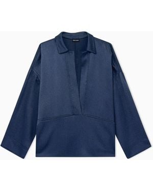 Giorgio Armani Shirt Wide Hammered Satin With Deep Neckline - Blue