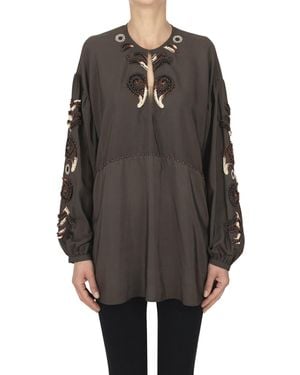 Fortela Blusa in seta con ricami e perline - Grigio