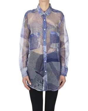 Caliban Oversized Printed Silk Shirt - Blue