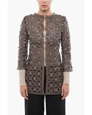 Caban Romantic Sheer Overcoat With Embossed Leather Applications - Brown