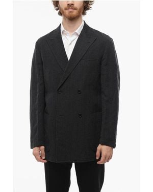 J.Press Wool And Flax Side Vents Peak Lapel Double-Breasted Blazer - Black
