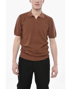 Altea Linen And Cotton Open-Collar Polo With Chevron Pattern - Black
